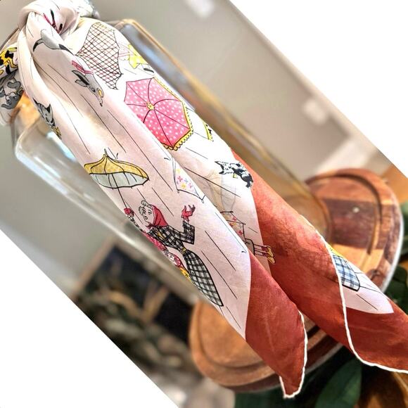 Silk Hand Rolled Raining Cats and Dogs Vintage Scarf RARE - Picture 3 of 14